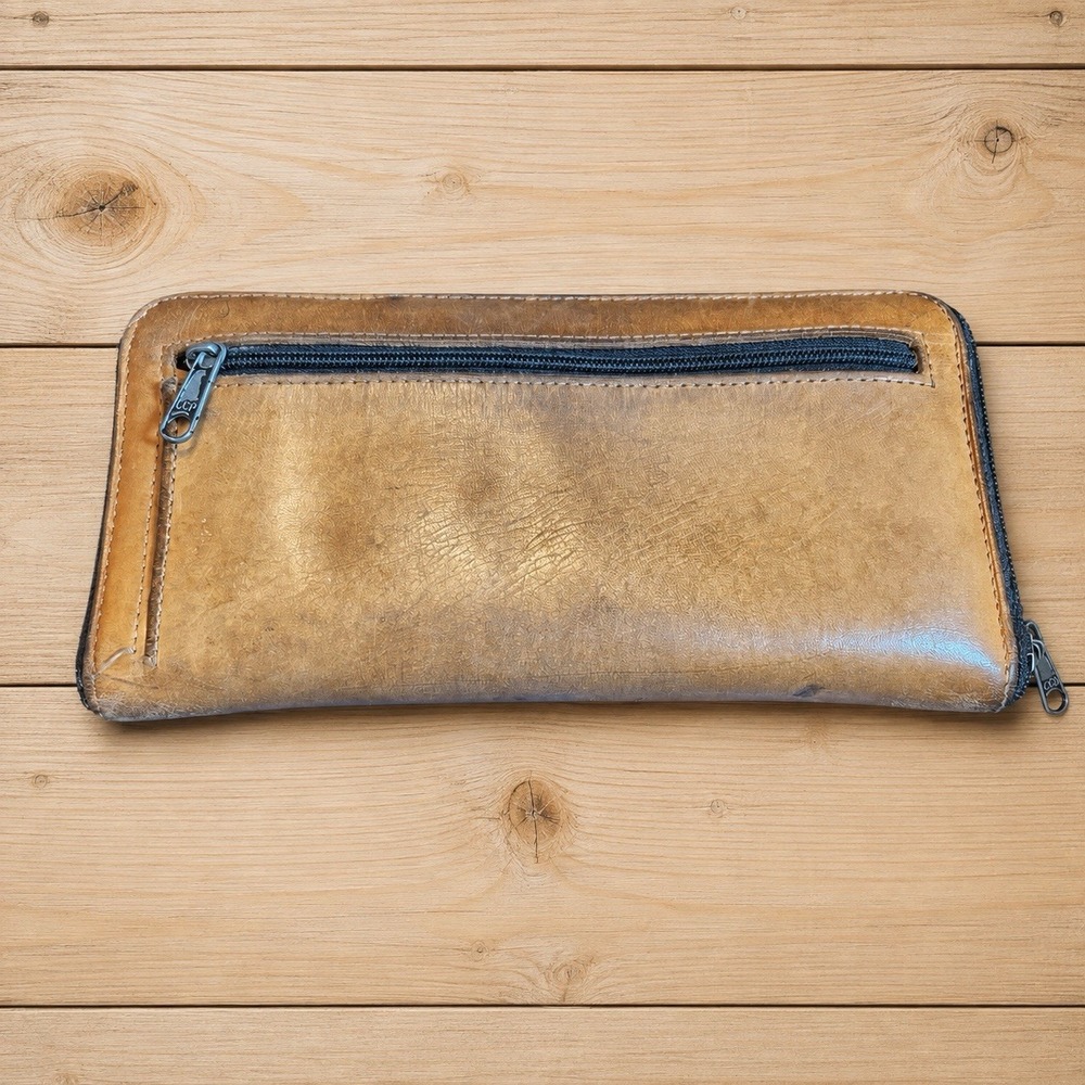 Vintage-Style Brown Zip Around Wallet Clutch Distressed Faux Leather [V] - Picture 2 of 7